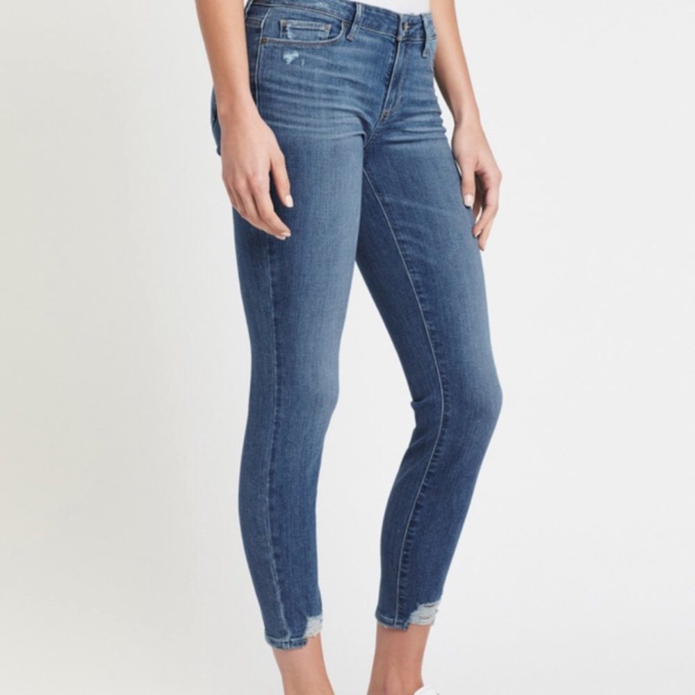 NEW PAIGE VERDUGO ANKLE MID-RISE MEDIUM DARK WASH DISTRESSED RAW HEM JEAN